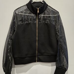 Black Sheer-Sleeve Zip Front Jacket